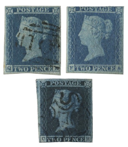 1841 2d Blue Imperf - wmk small crown, white lines added