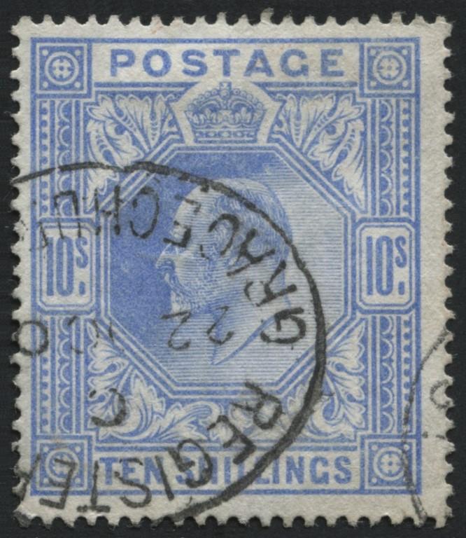 SG265 10/- Ultramarine, very fine light cancel GRACECHURCH STREET