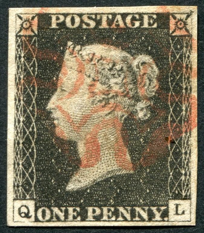 SG2 1d Black QL plate 1B, 4 good margins Rose-Red Maltese cross