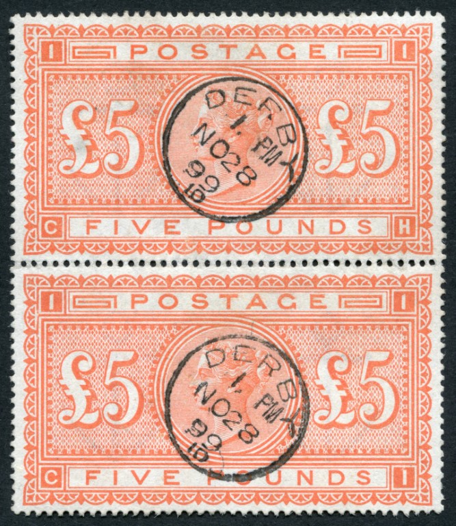 SG137  1867-83 5 Orange pair plate 1 on White paper, DERBY 1899 cds