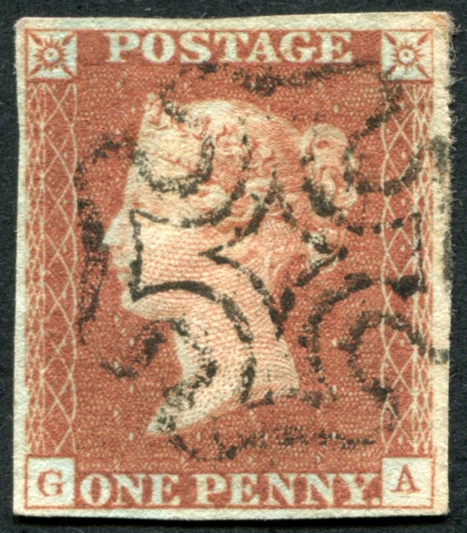 SG8 1841 1d Red-Brown plate 20 GA, 4 margins, Black Maltese cross