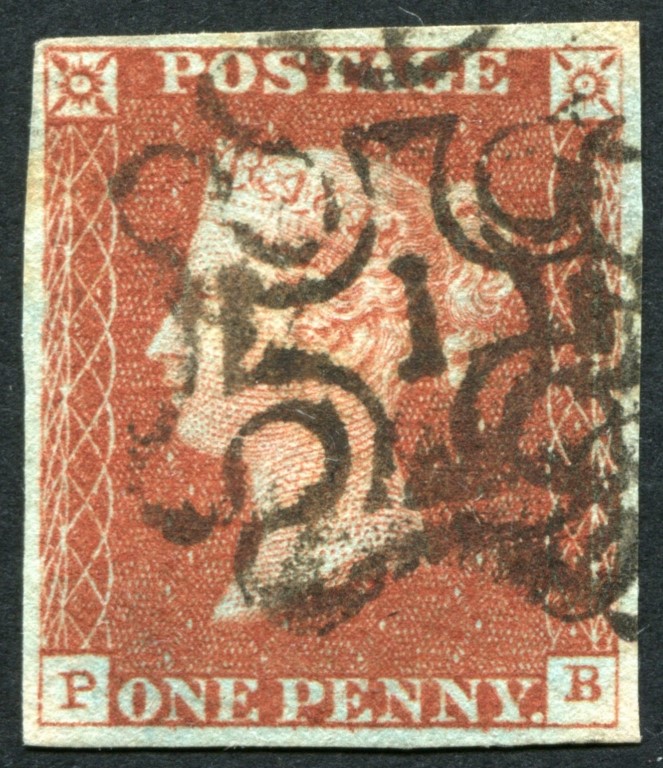 1d Red-Brown plate 34 PB, No.1 in Maltese cross, fine four margins