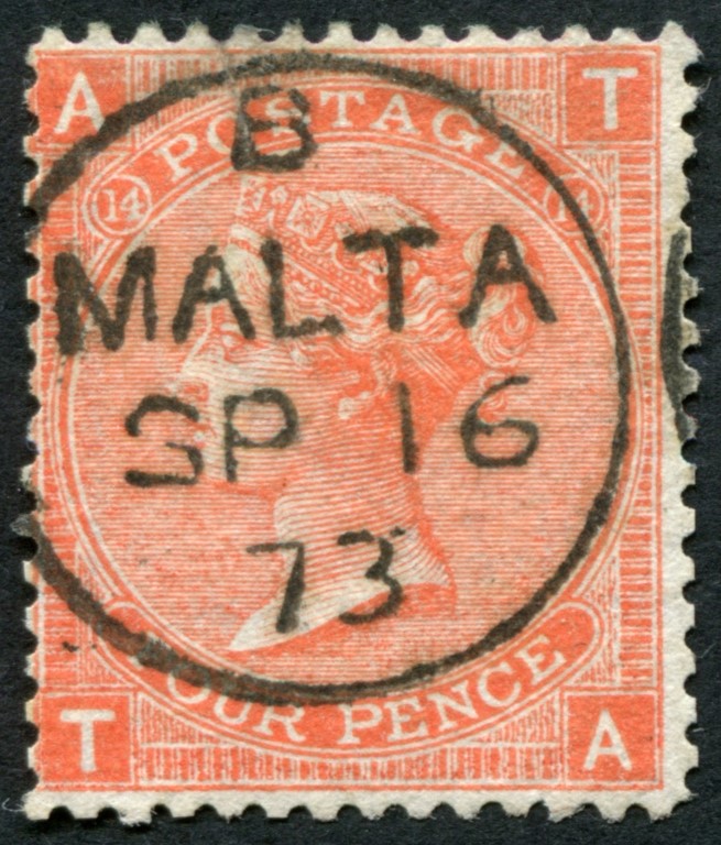 SG94 4d plate 14 VF/U, upright central MALTA 1873 cds, fresh rich colour