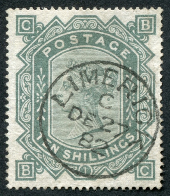 SG128 10/- Green superb used, perfectly centred upright LIMERICK 1882 cds