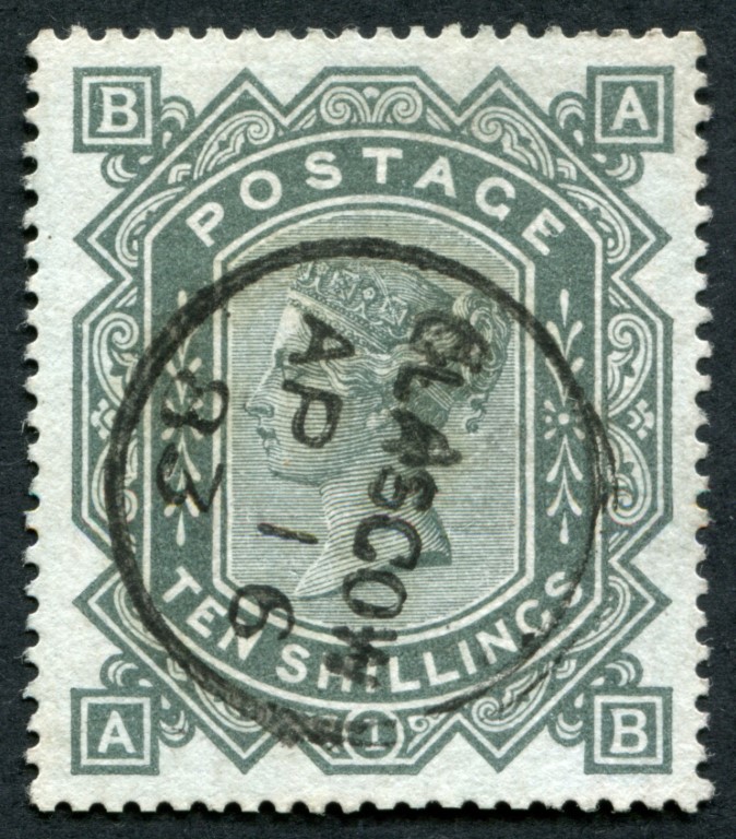 SG131 10/- Green (on Blued paper) deep shade VF/U, central GLASGOW 1883 cds on perfectly centred