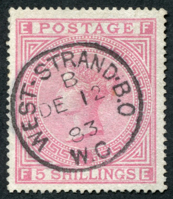 SG134 5/- plate 4 VF/U, well centred complete central WEST STRAND 1883 cds