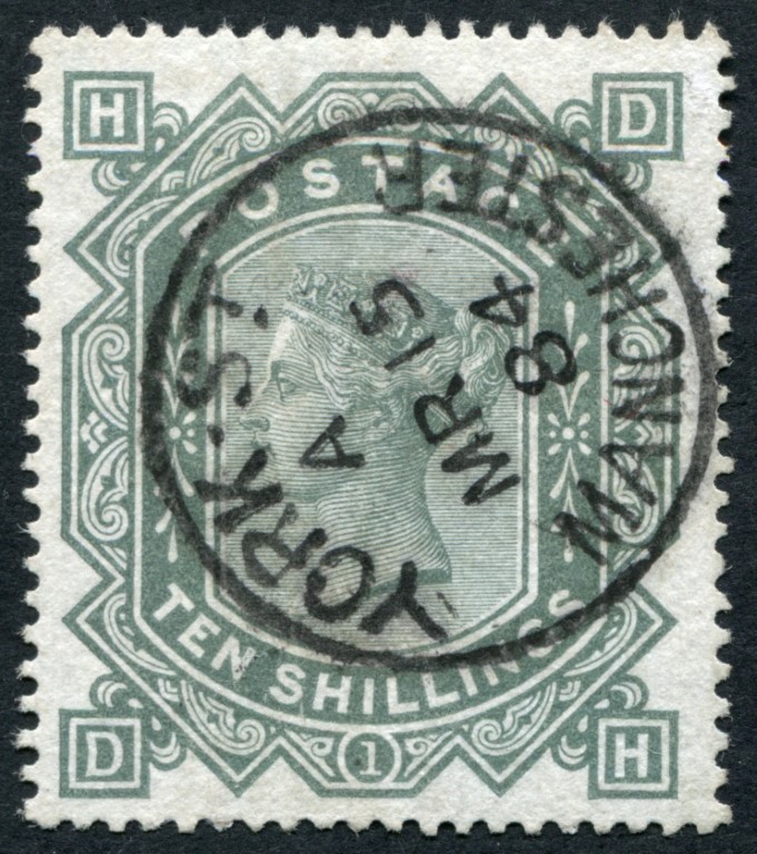 SG135 10/- Green (Wmk Archer) VF/U, YORK ST. MANCHESTER 1884 cds well centred