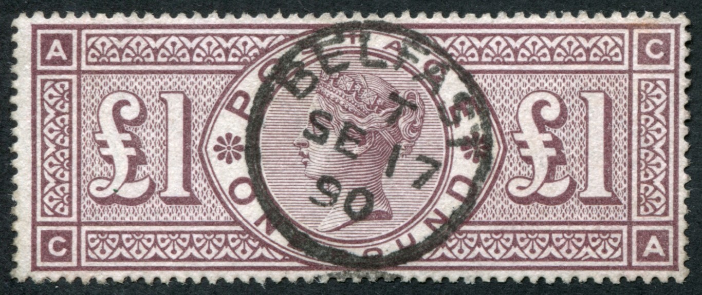 SG185 1 Brown (Wmk Crowns) deep shade VF/U, central upright BELFAST 1890