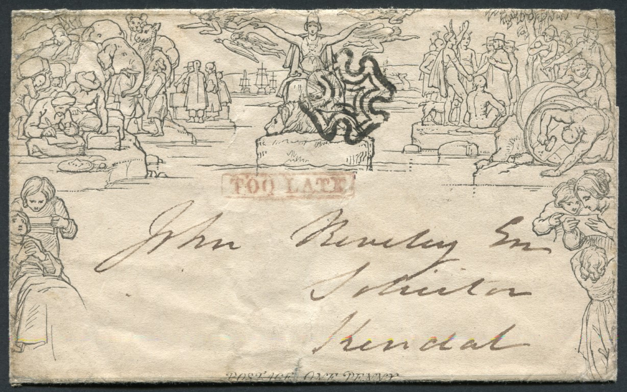 Mulready One Penny wrapper bearing Black Maltese cross, Kendal to Lancaster