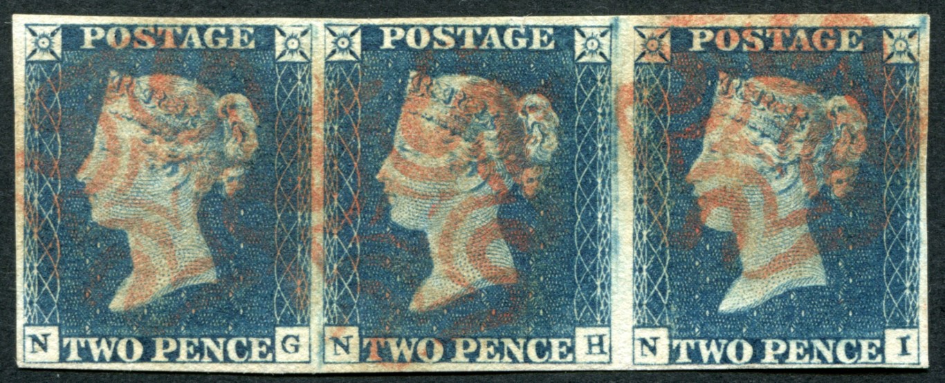 SG5 2d Steel Blue plate 1 NG-NI a lovely strip of 3, good to large margins pale Red Maltese cross