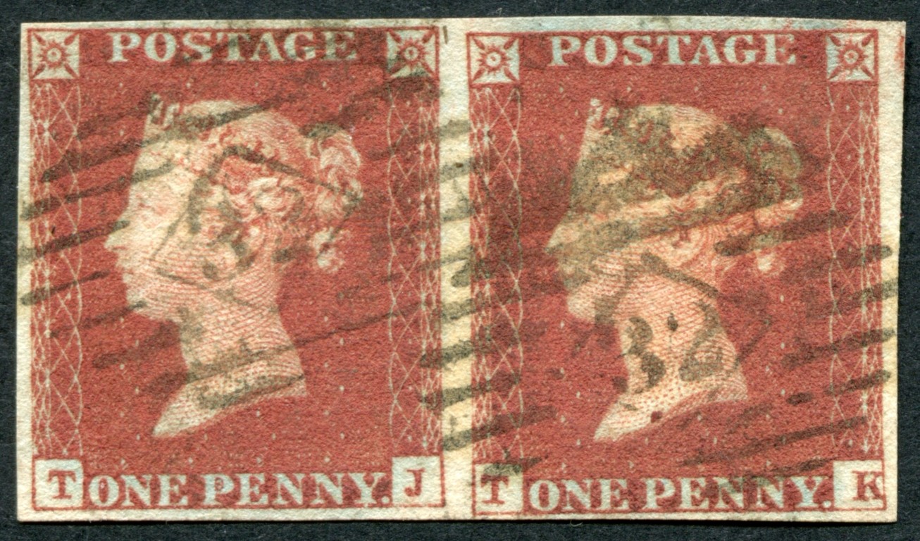 SG10 1d deep Red Brown TJ-TK horizontal pair with Brandon certificate, a rare 4 margin pair