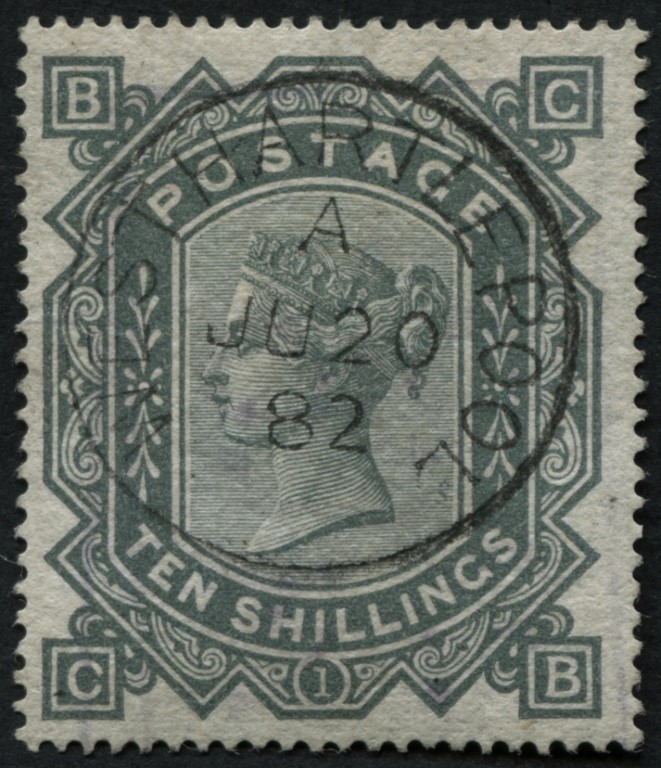 SG128 1878 10/- Greenish-Grey (Wmk Maltese Cross) brilliant used, perfectly struck crisp cds