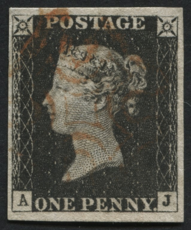 SG2 1d Black AJ plate 1B used, Red Maltese cross with 4 clear to good margins, fine appearance