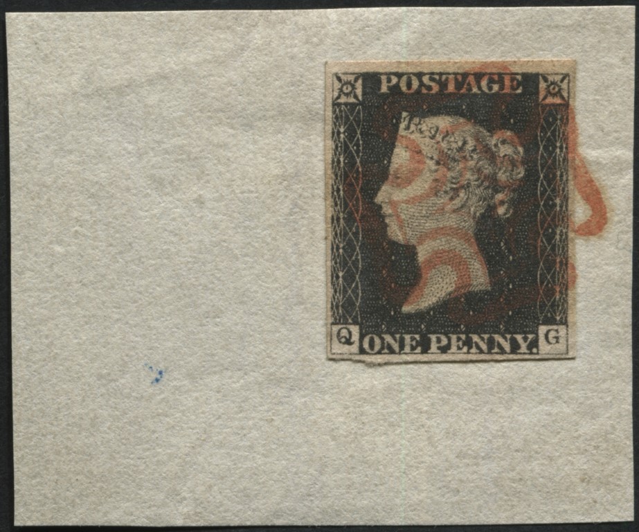 SG2 1d Black QG, 4 good margins tied to piece with Orange-Red Maltese cross - very nice stamp