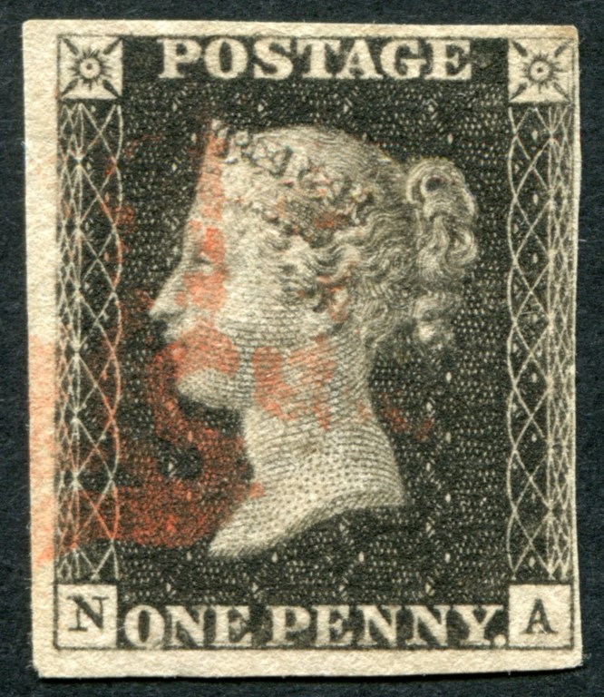 SG2 1840 1d Black plate 9 NA, 4 margins with Red Maltese cross