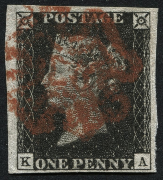 SG2 1d Black KA, F/U Red Maltese cross 4 clear margins