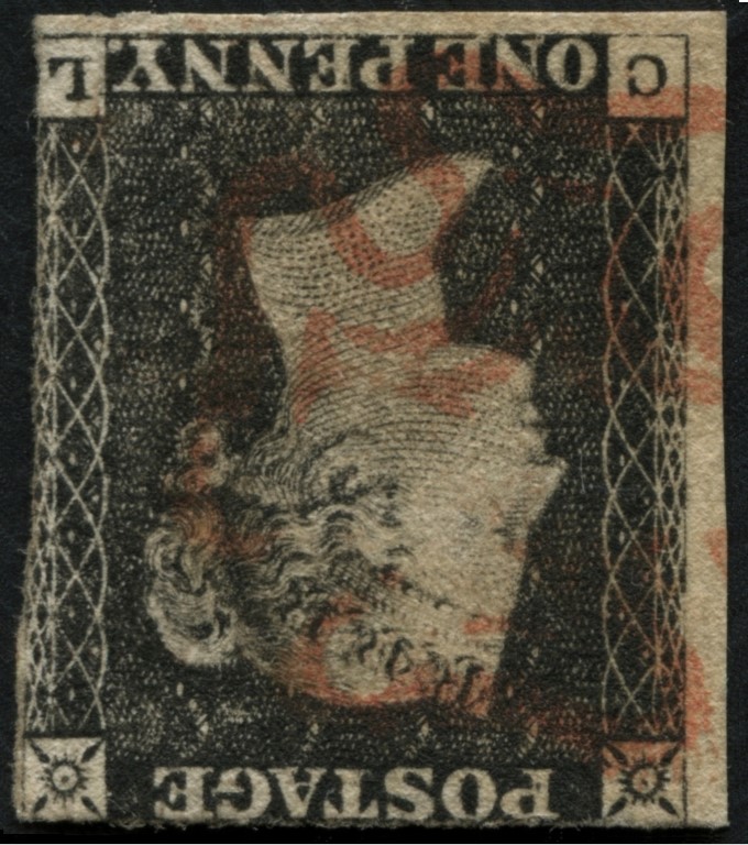 SG2wi 1d Black plate 1B, 2-3 margin re-entry on two corners, Wmk Inv fine Red Maltese cross