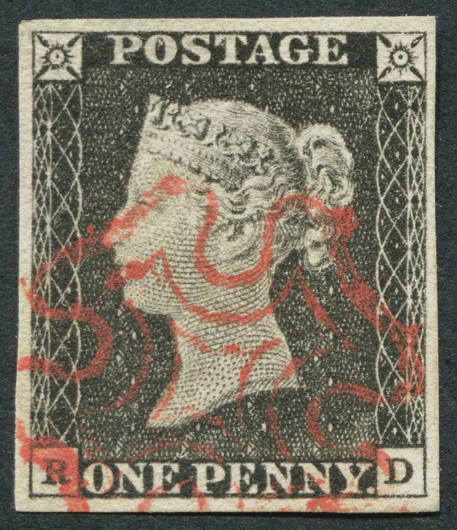 SG3 1d Grey-Black from plate 1A with delicate thin edges, Maltese cross in bright Red - lovely!