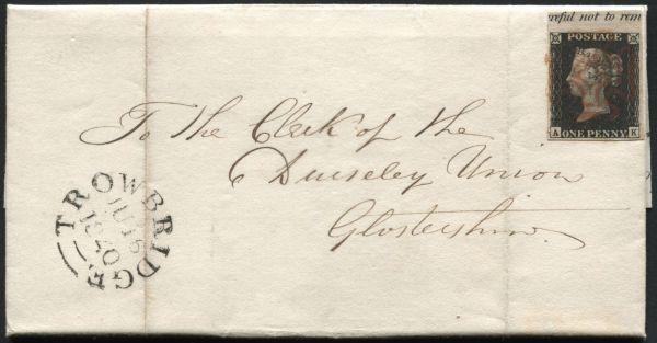 1840 1d Black AK, a magnificent 4 margin example tied in Red displaying inscription reful not to rem