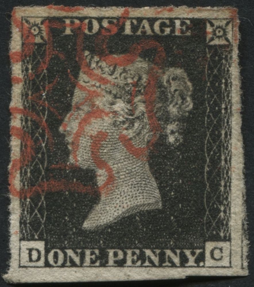 1840 1d Black DC Pl.4, has a bright Orange-Red MX and 4 very large margins