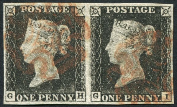 1840 1d Black GH-GI plate 7 horizontal pair, good margins all round with 2 faint Red Maltese cross cancels