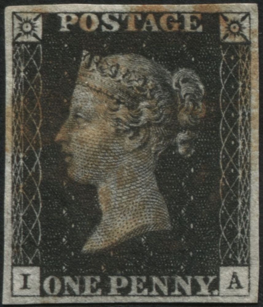 1840 1d Black IA Pl.1B, a super used example 4 large margins and pale Red MX