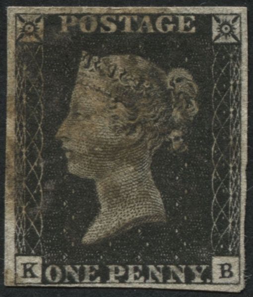 1840 1d Black KB, good 4 margin example with Red-Brown Maltese cross