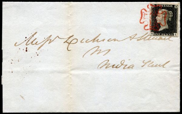 1840 1d Black KI plate 2 good to large margins all round, tied to wrapper v fine