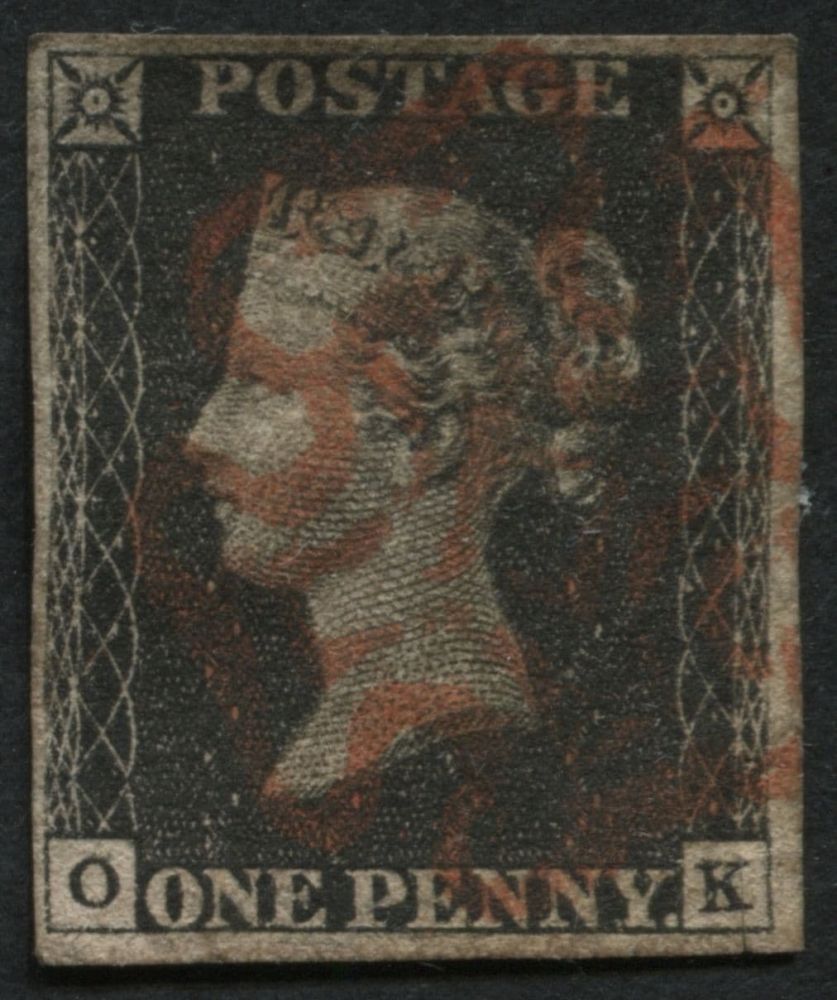 1840 1d Black OK 4 good margins, Rose Red Maltese cross