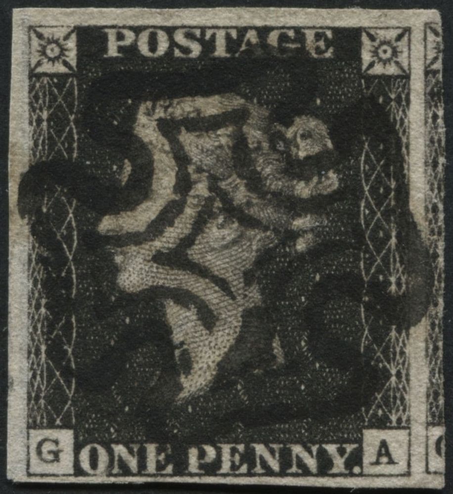 1840 1d Black Pl.8 GA, 4 good to very large margins