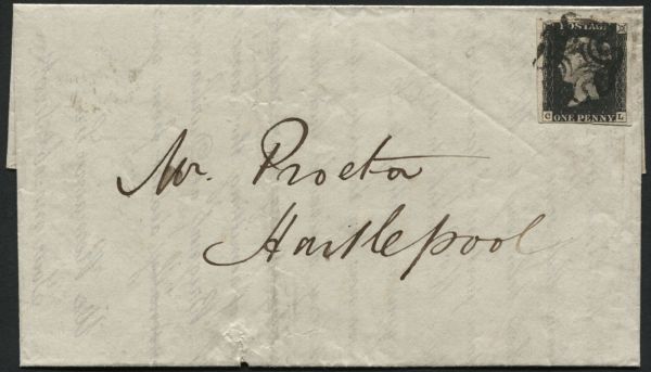 1840 1d Black pl1b re-entry, on entire from Durham FE 24 1841 to Hartlepool - rare on cover