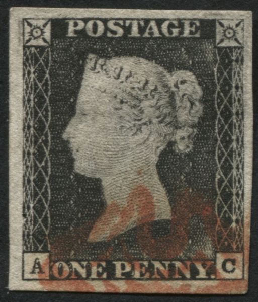 1840 1d Black plate 1A AC, a delicate worn impression good to huge margins, Red Maltese cross