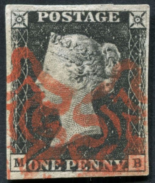 1840 1d Black plate 4 MB, 4 good margins bright Red Maltese cross