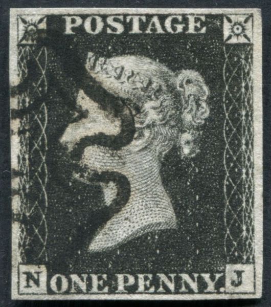 1840 1d Black plate 4 NJ, 4 large margins extra fine