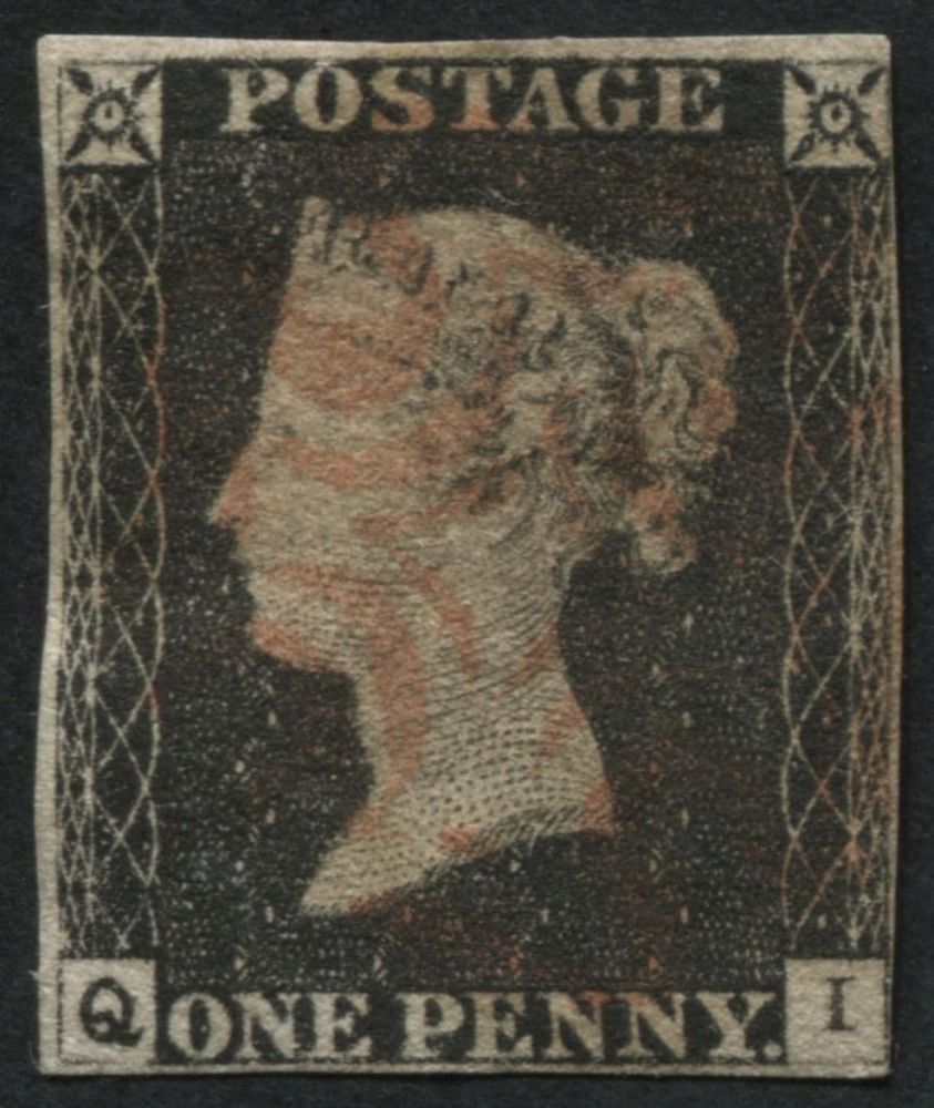 1840 1d Black QI, F/U 3 margins