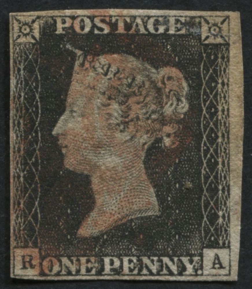 1840 1d Black RA, used with 4 clear margins, Rose Red Maltese cross