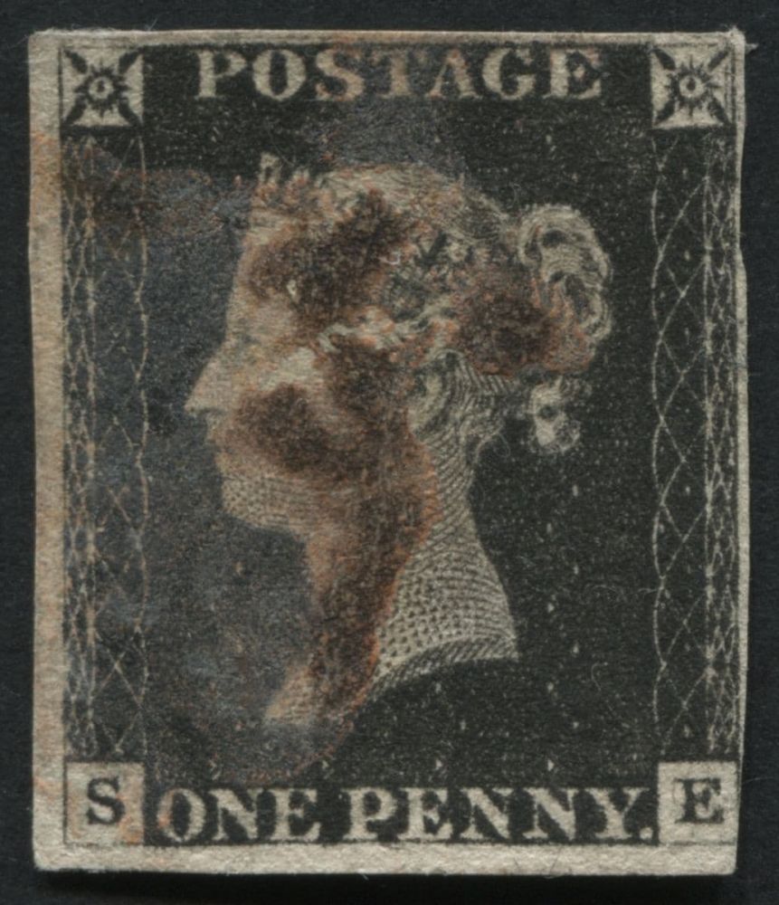 1840 1d Black SE 3-4 margin, Reddish Black Maltese cross