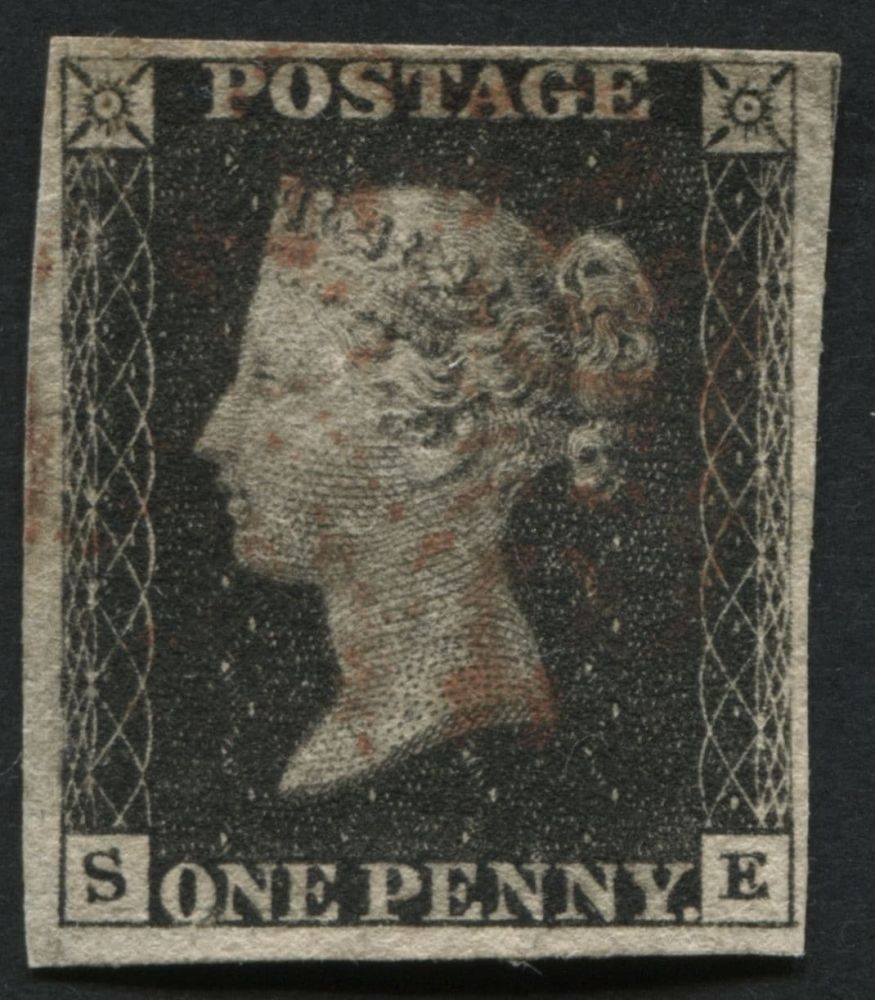 1840 1d Black SE, has v fine margins all round and feint cancel in Red