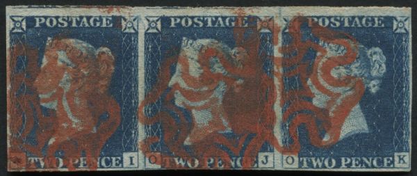 1840 2d Blue plate 1, a lovely rich Orange-Red in horizontal strip OI-OK, close to very large margins