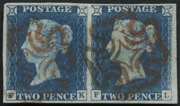 1840 2d Blue plate 1 FK-FL horizontal pair, good to huge margins all round, Red Maltese cross