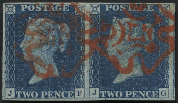 1840 2d Blue plate 1 horizontal pair JF-JG, brilliant Orange-Red Maltese crosses with large margins all round