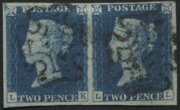 1840 2d Blue plate 1 LK-LL horizontal pair, good to huge margins