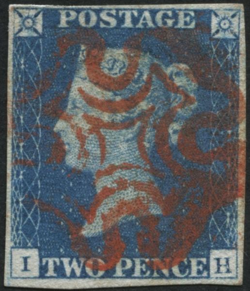 1840 2d Blue plate 1 RH, good to large margins bright Orange Red Maltese cross