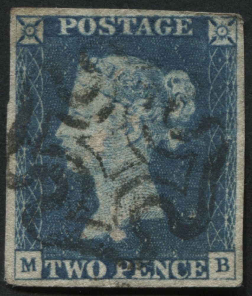 1840 2d MB plate 2, has clear margins all round, super Black Maltese cross light cancel