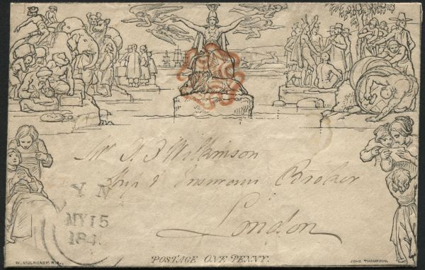 1840 Mulready (16th May) 1d format A182, bearing a super Red Maltese cross and Lynn date stamp