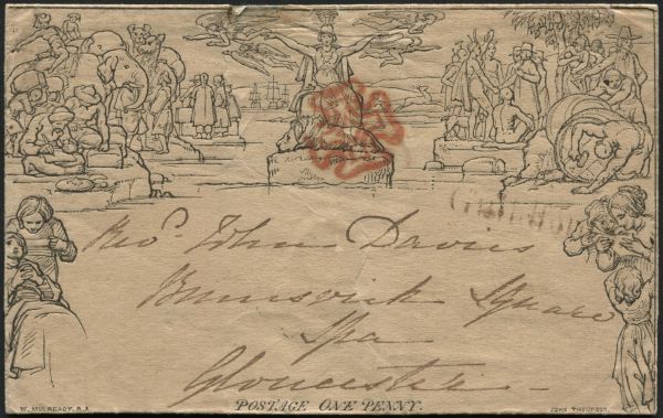 1840 Mulready 1d wrapper, forme A17 used from London to Gloucester, cancelled Red Maltese cross