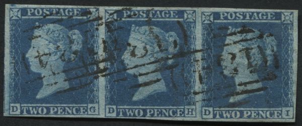 1841 2d Blue horizontal strip of 3 DG-DI, a superb multiple with margins all round