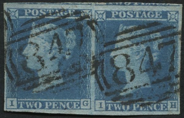 1841 2d Blue plate 3 IG-IH horizontal 4 margin pair