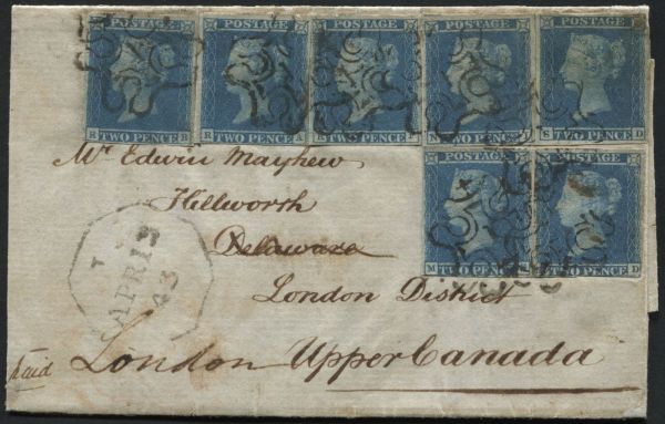 1841 Two Pence Blue plate 3 MG, ND, NI, RA, RB, RF and SD, arranged block of 7 London