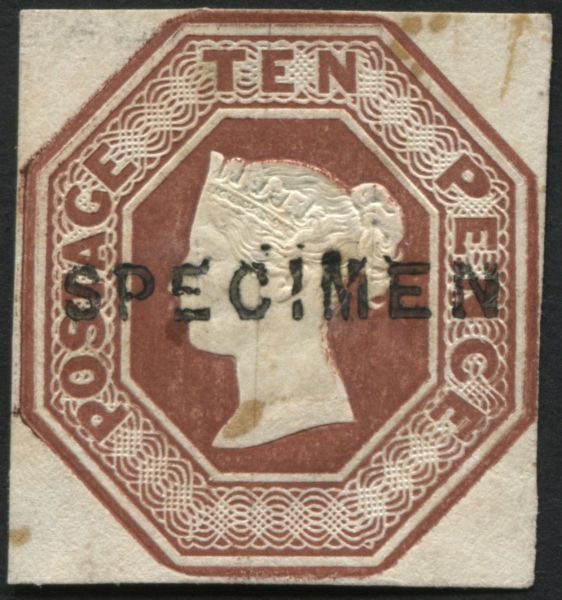 1847 10d Brown O/P SPECIMEN without gum, tiny fault